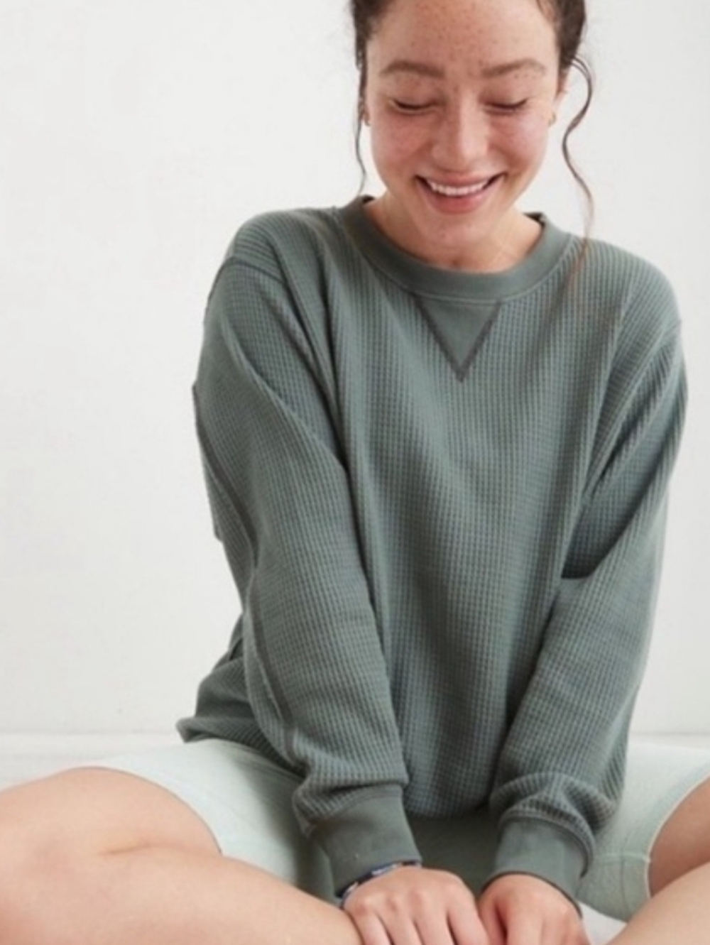 Aerie The Sweat Waffle Crew Pullover XS Green